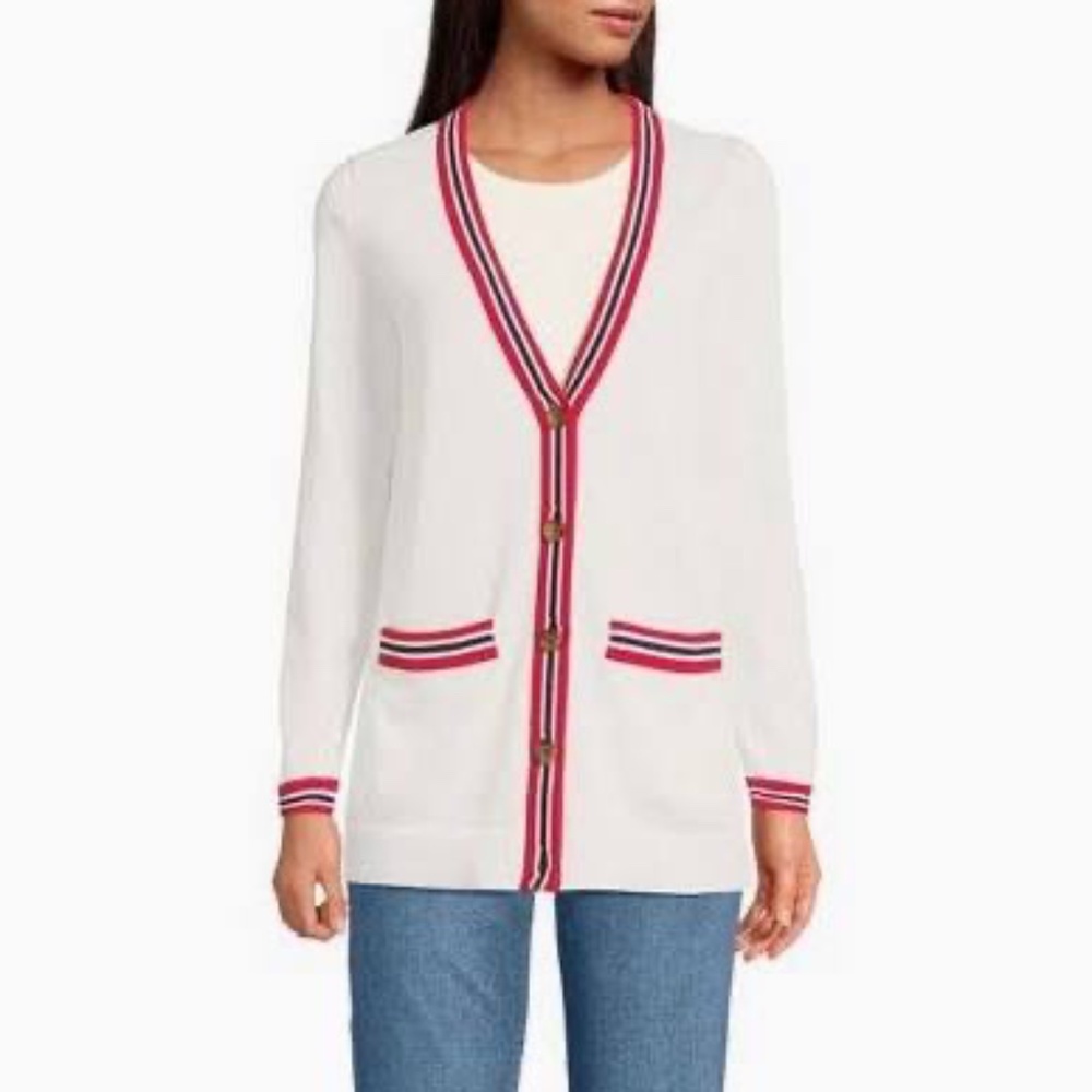 Lands' End Fine‎ Gauge Cotton Cardigan Sweater Tipping Stripe Size Small Preppy